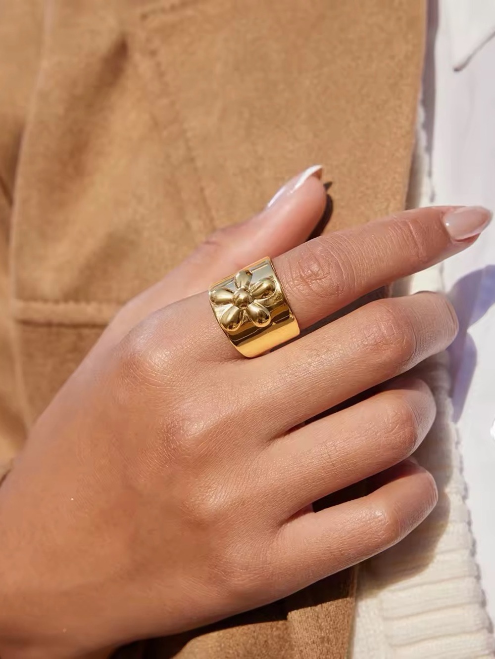 18K Gold Plated Adjustable Flower Wide Band Ring